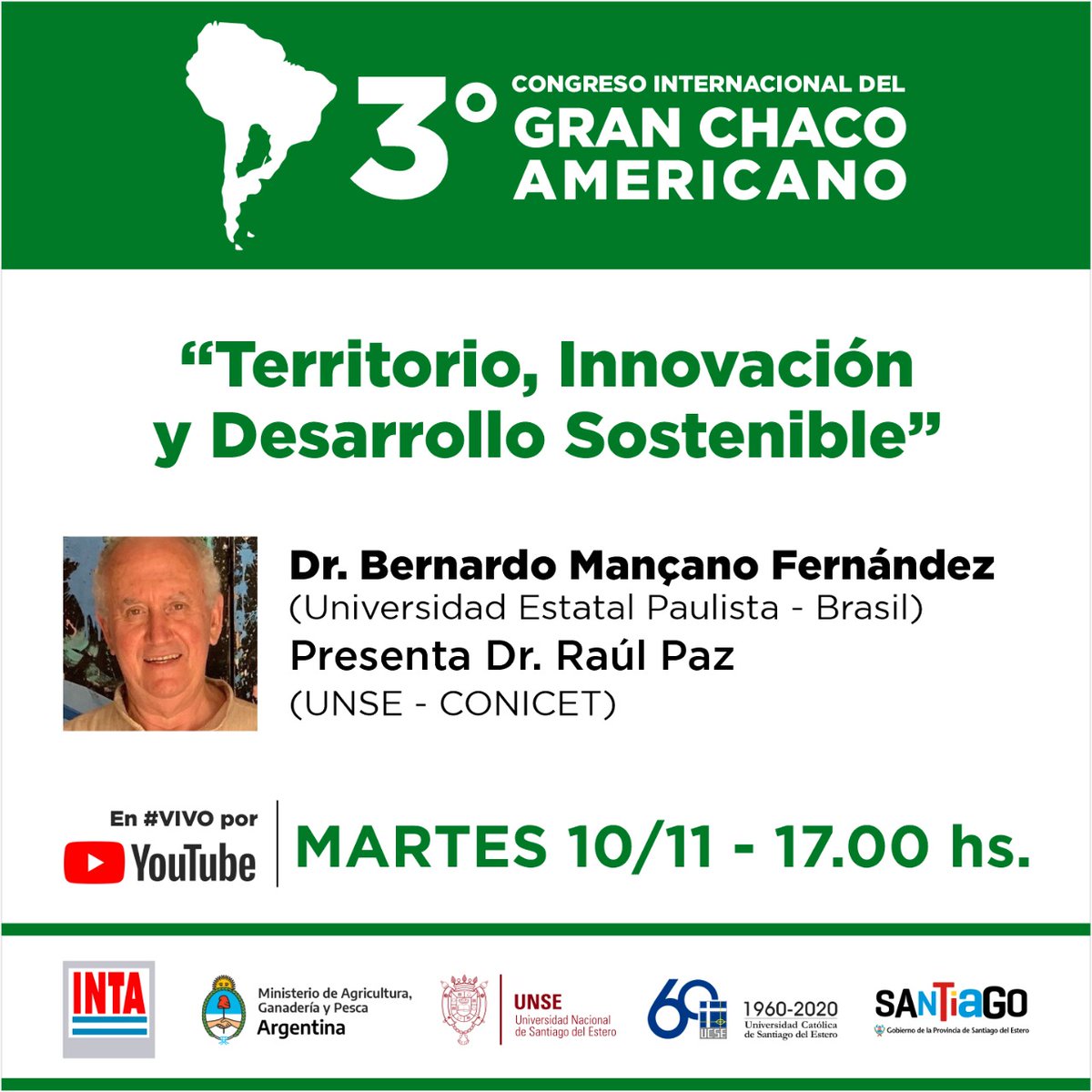 ChacoCongreso's tweet photo. 📢 Invitamos a participar de la Conferencia "Territorio, innovación y desarrollo sostenible" brindada por el Dr. Bernardo Mançano Fernández (Universidad Estatal Paulista - Brasil).

📌 Martes 10/11 a las 17 hs.

Presenta: Dr. Raúl Paz (UNSE - CONICET)

Te esperamos! https://t.co/Ph4KBbVKlb
