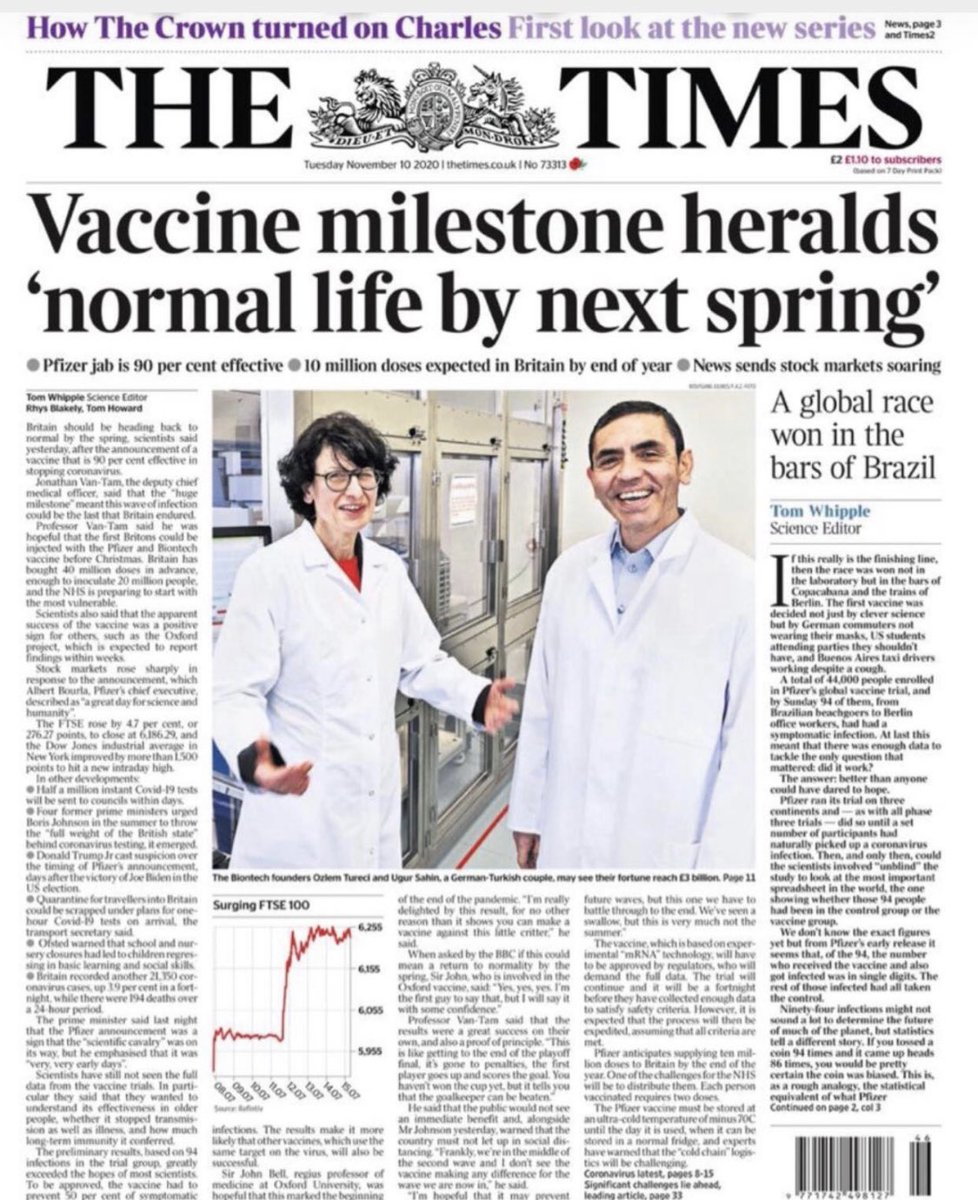 10 Kasım gibi anlamlı bir günde koronavirüse karşı %90 başarılı aşıyı geliştiren  Uğur Şahin ve Özlem Türeci’nin The Times’a kapak olması👏👏👏