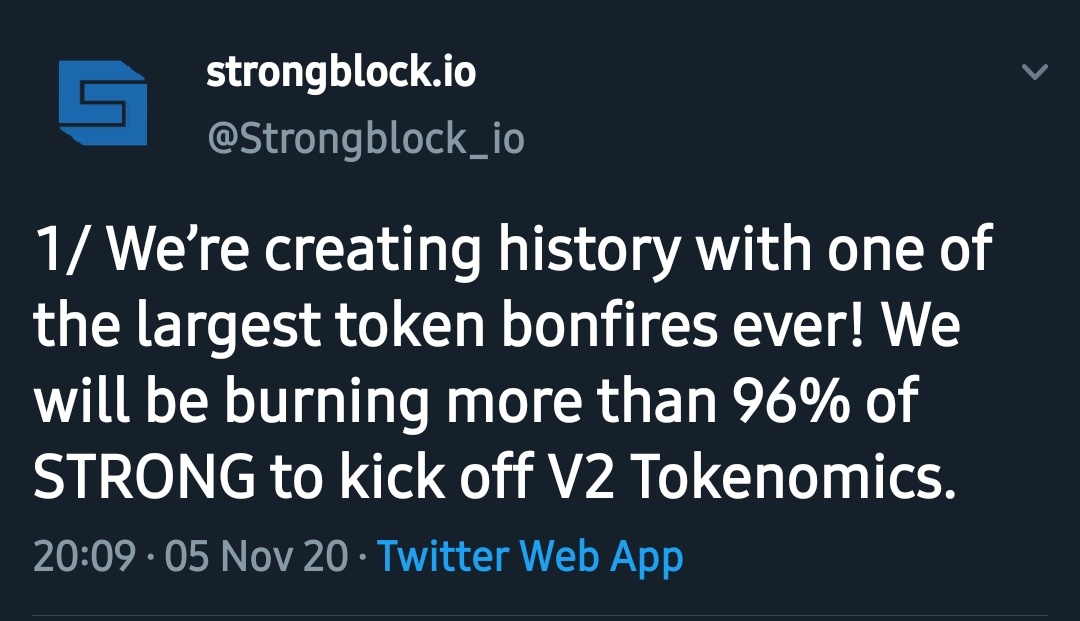  $STRONG  @Strongblock_ioThis one just went from being mega inflationary to undergoing a absolutely mega token burn..burning 98% of the supply I believe.Built on  #polkadot as soon as  $DOT reclaims all the hype this will get noticed big again with a supply a fraction the size.