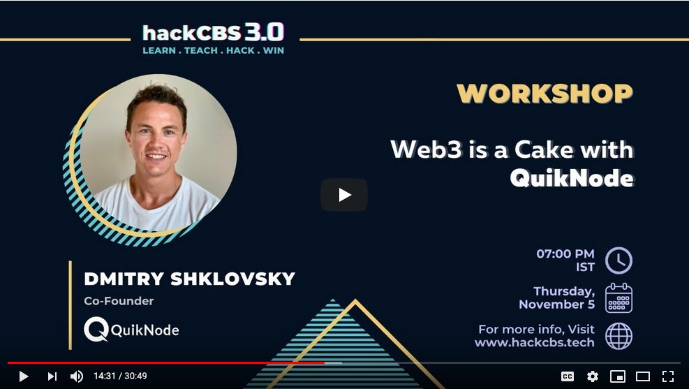 QuickNode's tweet image. At @hackCBS, Dmitry Shklovsky - Co-Founder at QuikNode and @sensahil - Developer Evangelist at QuikNode presented &quot;#web3 is cake&quot; showing how things work, and how to use #QuikNode to make the #blockchain journey simple, powerful and cost effective. bit.ly/3ligIt4