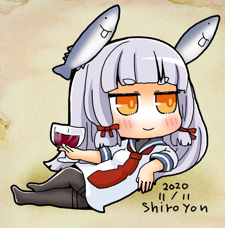 murakumo (kancolle) 1girl long hair grey hair wine glass solo cup pantyhose  illustration images