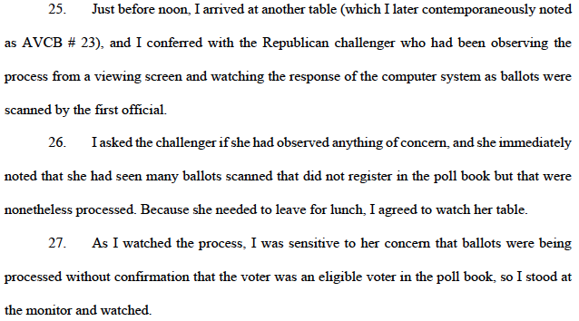 Another challenger had observed that ballots were being processed without confirmation that the voter was eligible to vote, and Larsen agreed to observe at her table while she went for lunch: