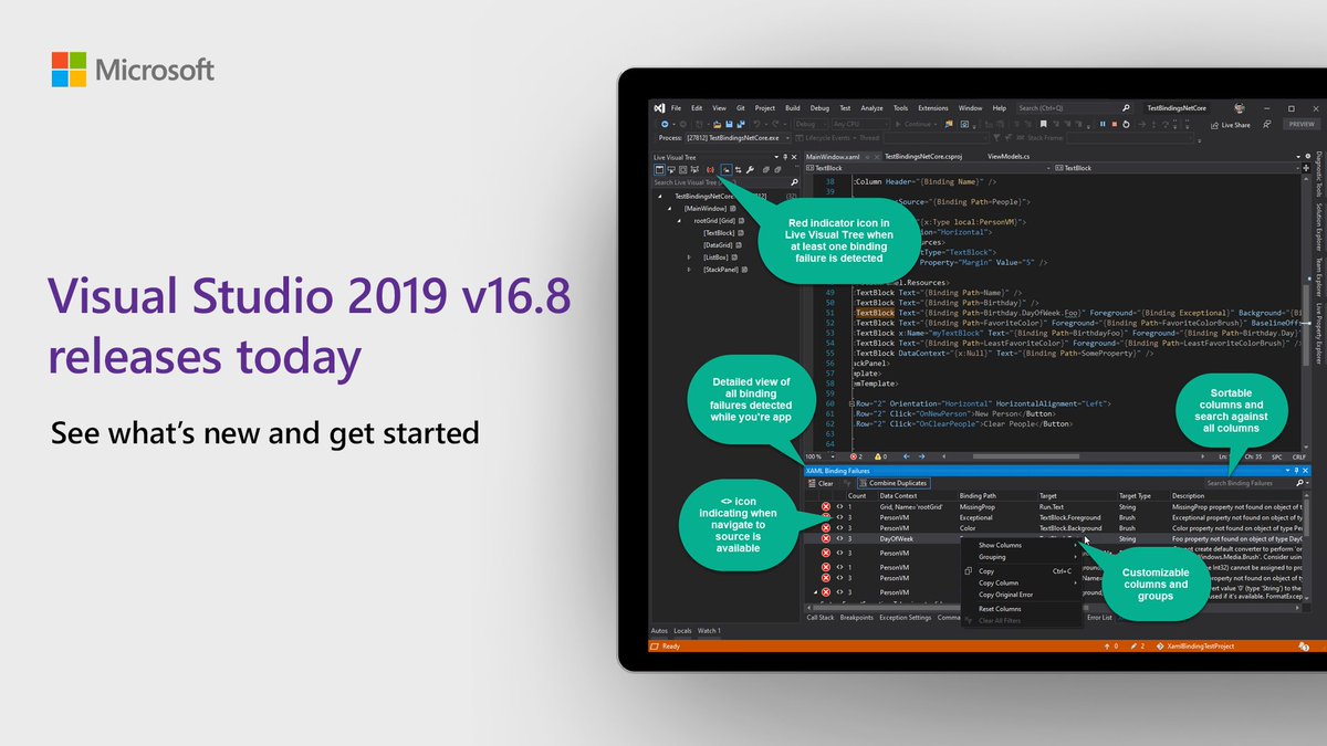 VisualStudio's tweet photo. Announcing the release of #VisualStudio 2019 version 16.8!!

What's in store for you?
.NET 5.0 support
Git productivity
Linux debugging
C++20 conformance
.NET productivity
XAML experiences
And many more features!

https://t.co/JwyHz3Cna8 https://t.co/p3ParJeReL