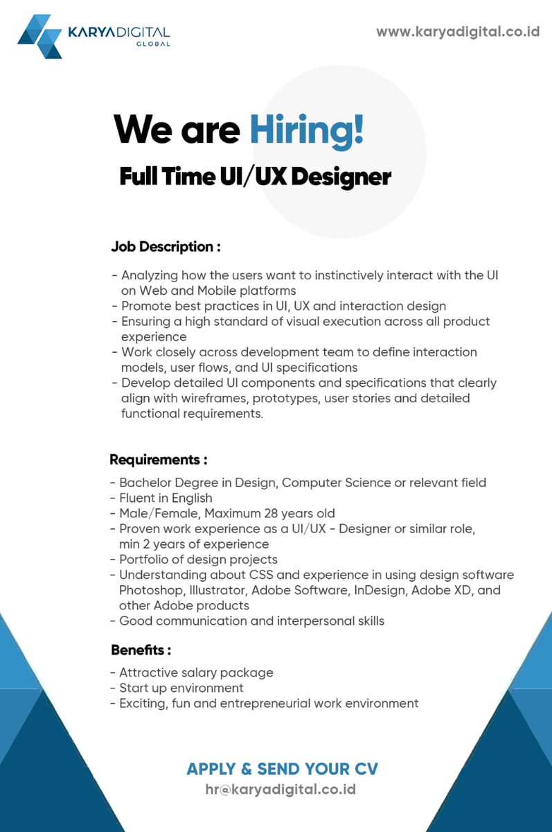 lokerit_01's tweet photo. We are Hiring ‼️
.
✔️ Full Time UI UX Designer
✔️ IT Project Management Officer
.
Dengan Kualifikasi yang tertera di Gambar.
.
Silahkan kirim lamaran dan CV terbaik kalian ke hr@karyadigital.co.id
.
Share dan tag teman kalian
.
.
#lokerit #lokerprogramer #lokeruiux #uiux https://t.co/ix7IsHD9eW