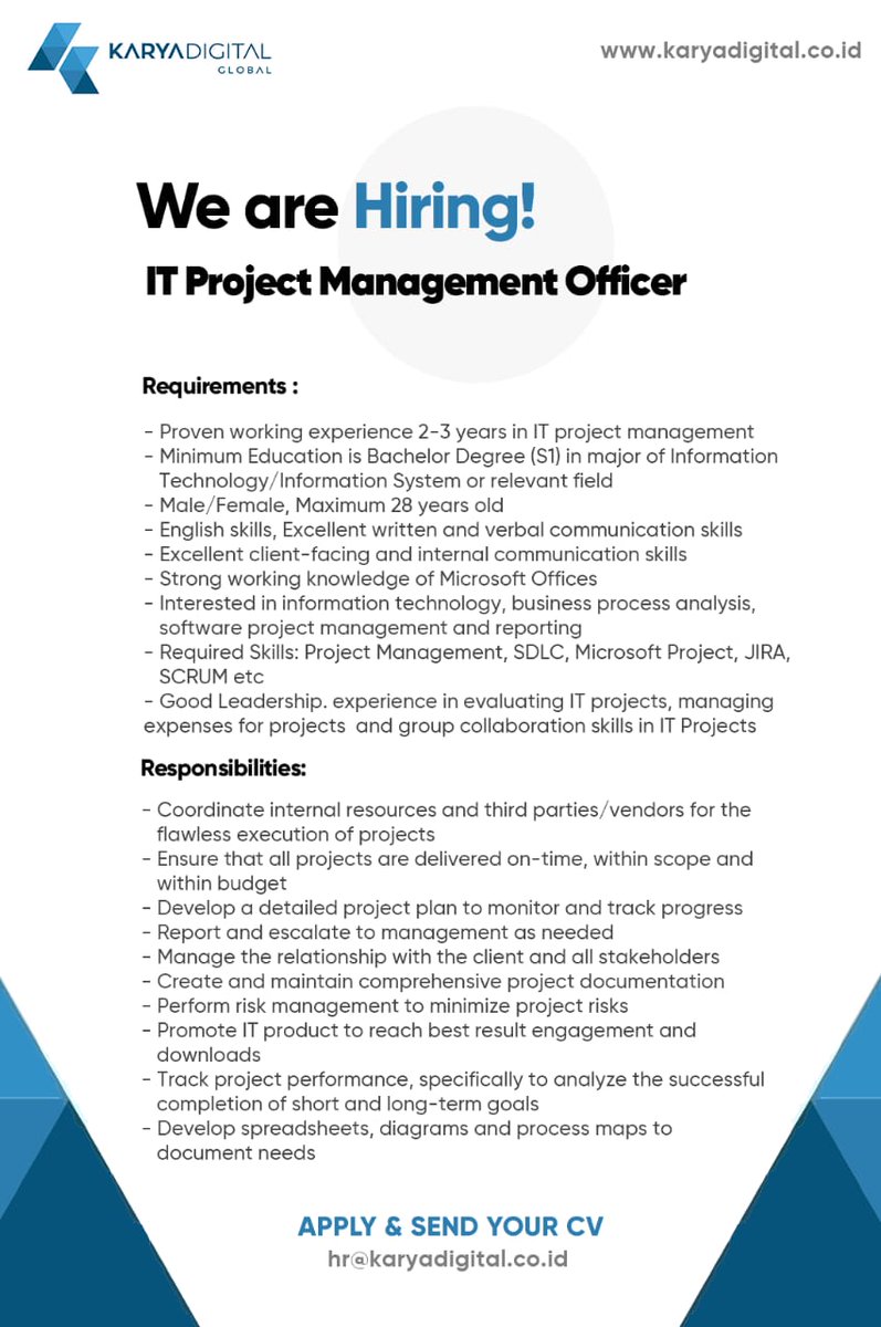 lokerit_01's tweet photo. We are Hiring ‼️
.
✔️ Full Time UI UX Designer
✔️ IT Project Management Officer
.
Dengan Kualifikasi yang tertera di Gambar.
.
Silahkan kirim lamaran dan CV terbaik kalian ke hr@karyadigital.co.id
.
Share dan tag teman kalian
.
.
#lokerit #lokerprogramer #lokeruiux #uiux https://t.co/ix7IsHD9eW