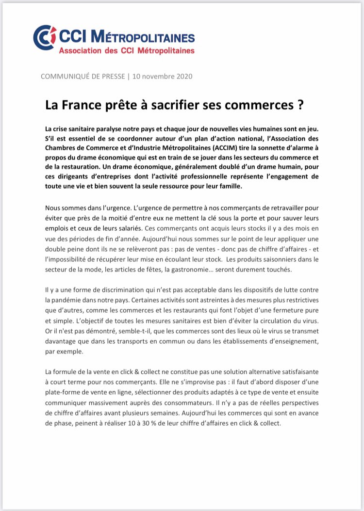 AssoCCiM's tweet photo. [Communiqué] Nous, CCI Métropolitaines tirons la sonnette d’alarme. Les secteurs du commerce et de la restauration vivent un drame économique. L’ACCIM et son président @chauvinjl demandent à @EmmanuelMacron et @JeanCASTEX de réouvrir au plus vite les commerces, à minima sur RDV. https://t.co/uOLytjkNhc
