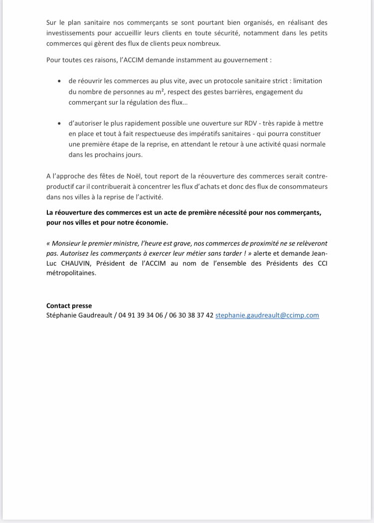 [Communiqué] Nous, CCI Métropolitaines tirons la sonnette d’alarme. Les secteurs du commerce et de la restauration vivent un drame économique. L’ACCIM et son président <a href="/chauvinjl/">chauvin jean luc</a> demandent à <a href="/EmmanuelMacron/">Emmanuel Macron</a> et <a href="/JeanCASTEX/">Jean Castex</a> de réouvrir au plus vite les commerces, à minima sur RDV.