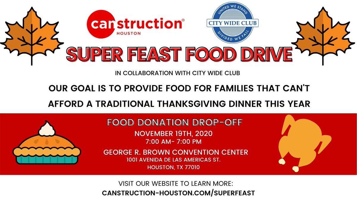 CanstructionHTX's tweet photo. We are exciting to announce that we will be holding a community food drive in collaboration with @citywideclub 
on NOVEMBER 19TH (7am-7pm). Drop-Off Site: @GRBCC https://t.co/wmdPk1kYIK