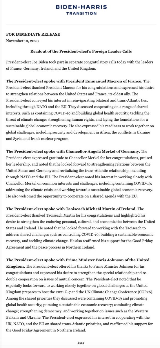 jeneps's tweet photo. Readouts from the Biden transition of President-elect Biden's congratulatory calls today with the leaders of France, Germany, Ireland and the United Kingdom: https://t.co/fPAt1TuZ36