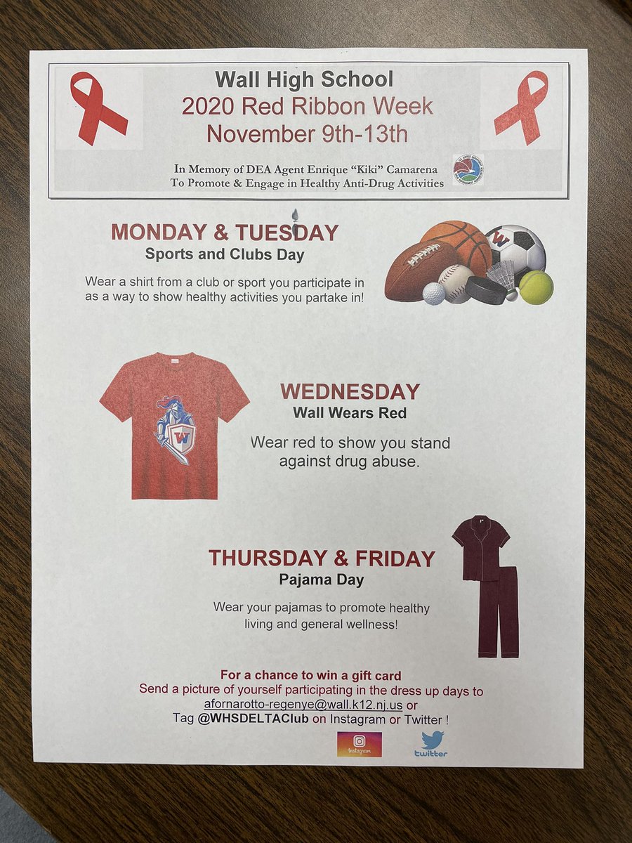WHSDeltaClub's tweet photo. Here are some students who have dressed up for our Sports and club themed day in support of Red Ribbon Week! Come show your support by wearing red tomorrow! @WallTwpSAC https://t.co/xysGWhtkRL