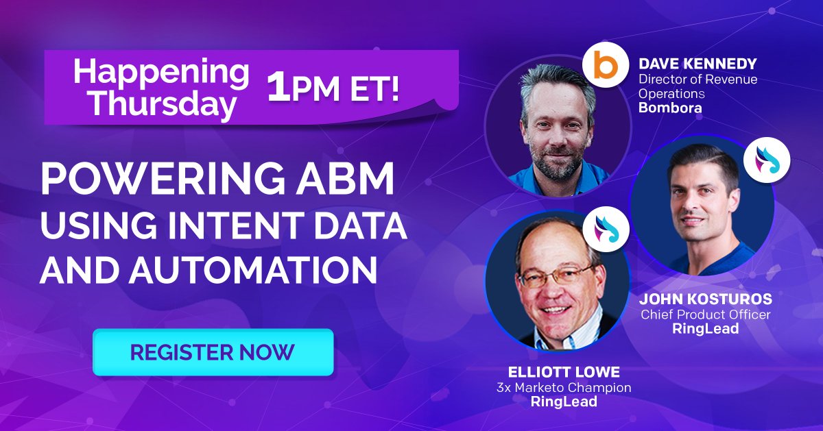 RingLead's tweet photo. This Thursday, at 1 p.m. ET, RingLead’s Elliott Lowe and @bomboradata's Dave Kennedy join us for a LIVE session on amplifying your #ABM with intent #data.

Register here to join the webinar: https://t.co/d61ImhGmcB

@Digitalgorilla https://t.co/GAjPdnOkmy