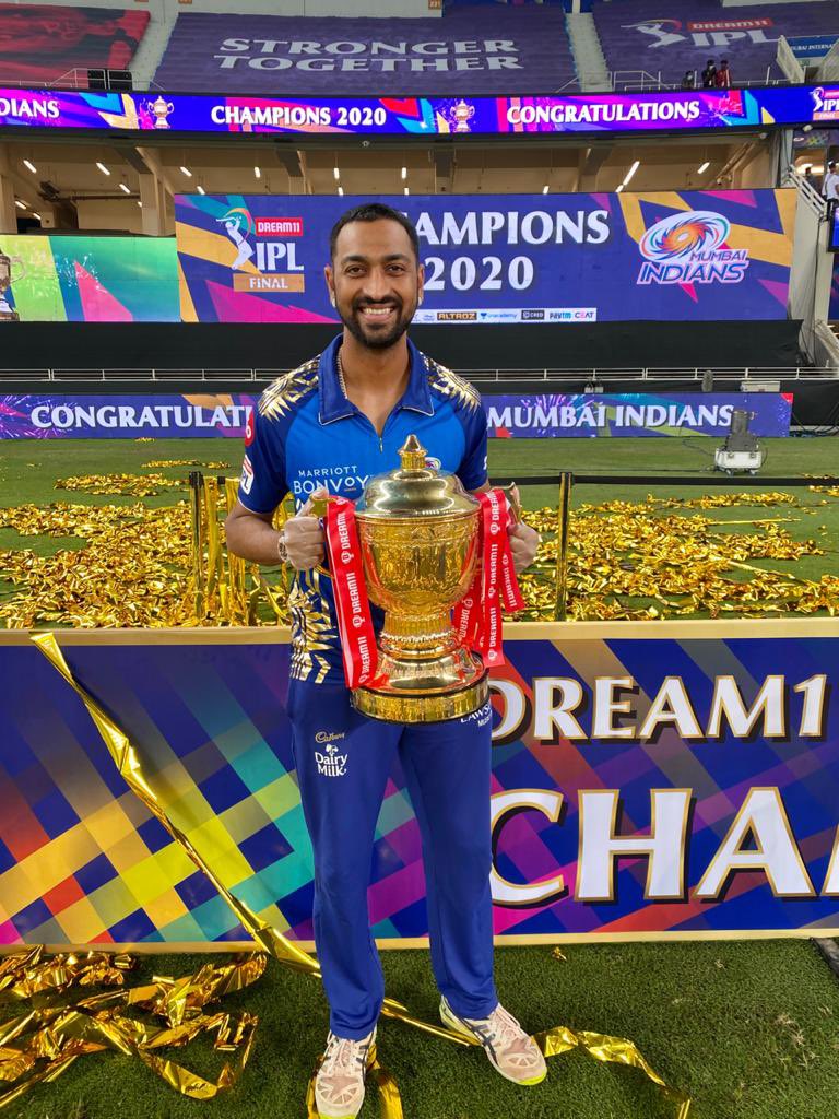 krunalpandya24's tweet photo. CHAMPIONS FOR THE FIFTH TIME!! Hardwork always pays off. Congratulations to everyone at @mipaltan and all our fans 🏆🏆🏆🏆🏆 #Believe🖐🏼 #MIChampion5 https://t.co/czp50lHAl6