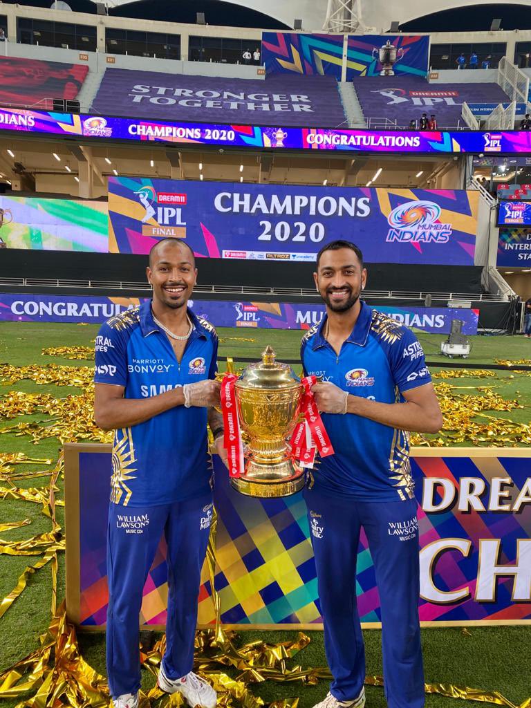 krunalpandya24's tweet photo. CHAMPIONS FOR THE FIFTH TIME!! Hardwork always pays off. Congratulations to everyone at @mipaltan and all our fans 🏆🏆🏆🏆🏆 #Believe🖐🏼 #MIChampion5 https://t.co/czp50lHAl6