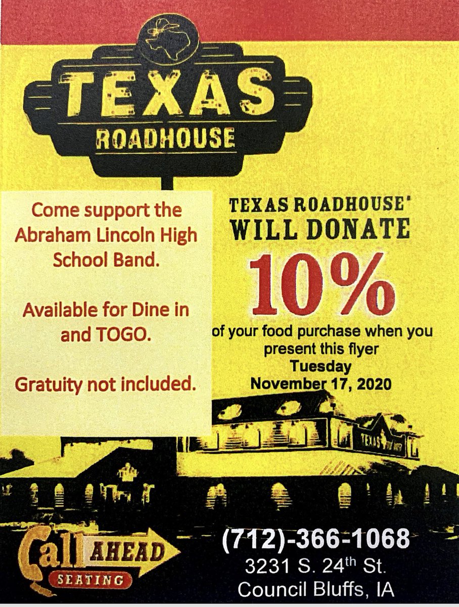 alhsbands's tweet photo. Hey All! Tues, Nov. 17th, Texas Roadhouse is offering 10% of food orders to yours truly! You MUST present this coupon/picture OR mention it when you order online for us to benefit! Thank you! Enjoy one too many sweet rolls &amp; a steak for us! https://t.co/nTetX17RqZ