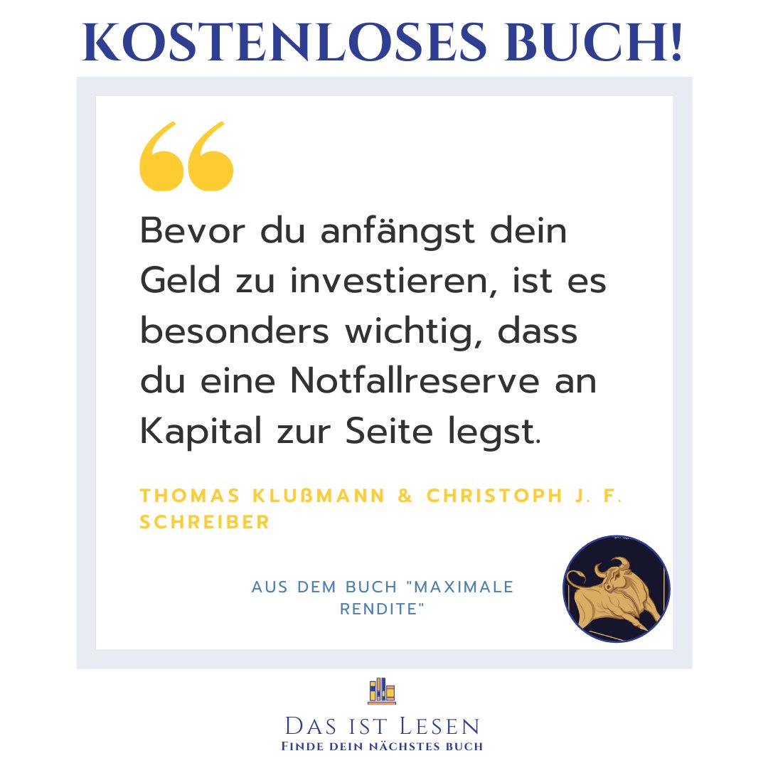 dasistlesen's tweet photo. 𝐊𝐎𝐒𝐓𝐄𝐍𝐋𝐎𝐒𝐄𝐒 𝐁𝐮𝐜𝐡 | Maximale Rendite
Autor: Thomas Klußmann &amp; Christoph J. F. Schreiber
-
Zum Buch: ➡️ https://t.co/V73dCl8Fbn
ＷＥＲＢＵＮＧ
Nur Versand- &amp; Herstellungskosten

Wie viele Monate könntest du mit deiner Reserve auskommen?

#finanzen #investieren #zitat https://t.co/hEfVLMt4nl