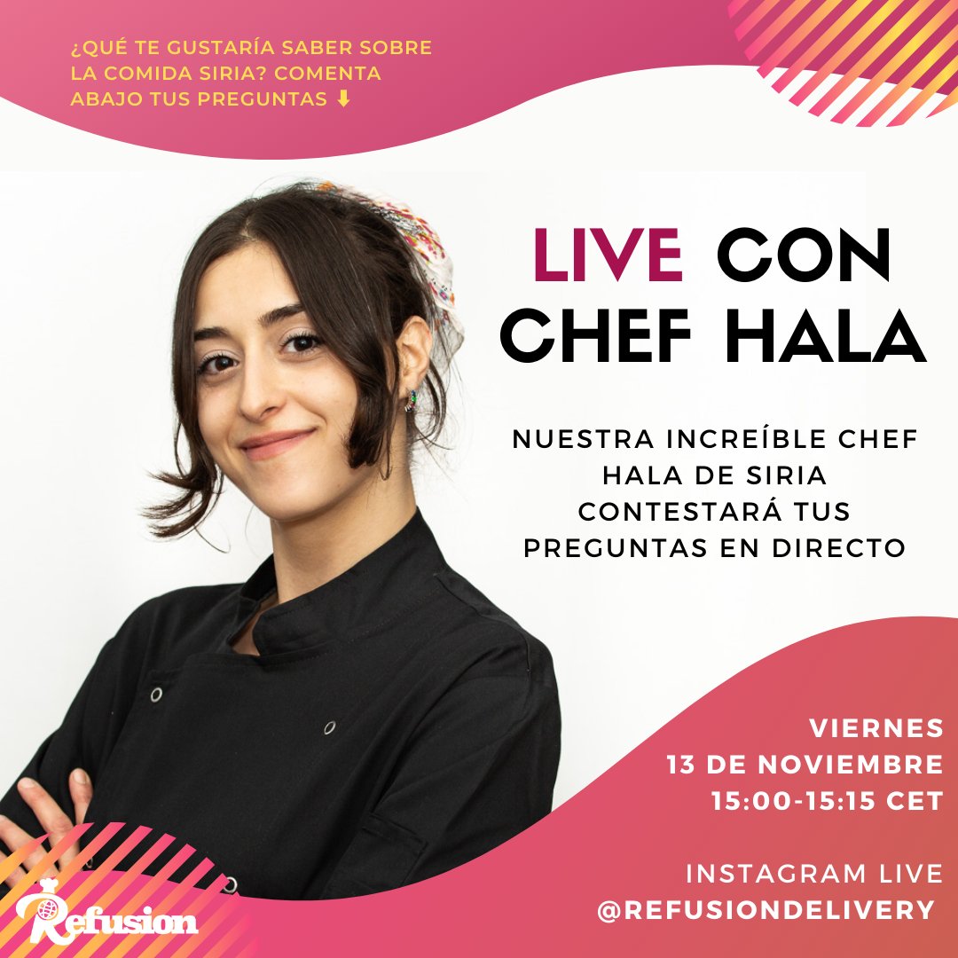 ⚡Nuestra chef Hala de Siria contestará tus preguntas en directo el viernes a las 15:00 en Instagram LIVE

¿Qué te gustaría saber sobre la comida siria, nuestros  platos o cualquier consejo y truco para cocinar?

Manda tus preguntas: bit.ly/3n93xLq #ConLosRefugiados