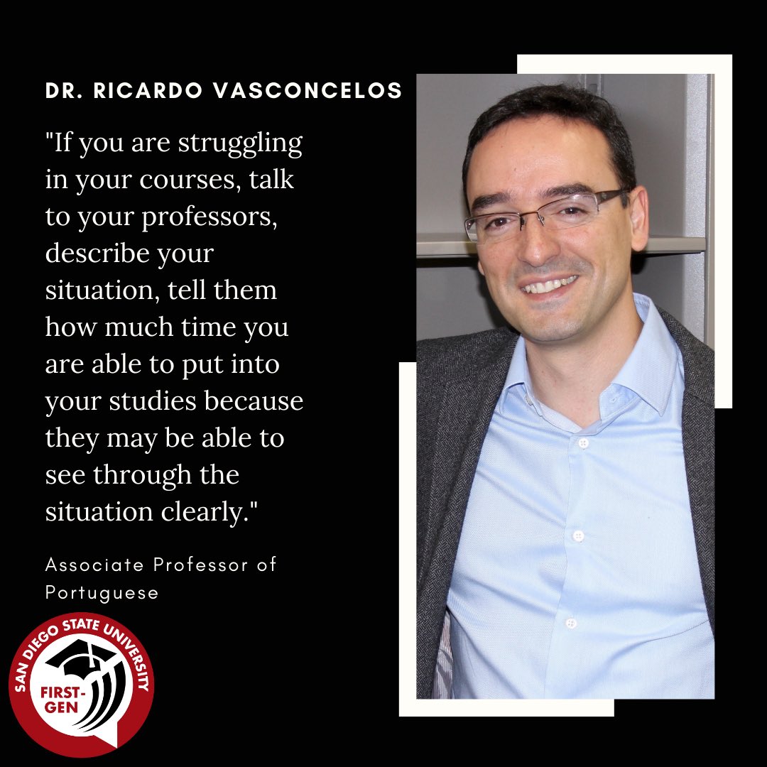 SDSUFirstGen's tweet photo. Dr. Vasconcelos is an Associate Professor of Portuguese. His first semester in college was wake-up call. He couldnโt โwing itโ anymore & realized โwait, I need to study for this?โ Watch his video to learn more(link in bio). #sdsufirstgen #celebratefirstgen #sdsufirstgenfaculty https://t.co/iRIOJX9PWP