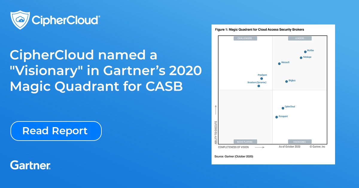 ciphercloud's tweet photo. For the third year in a row, CipherCloud has been recognized as a Visionary in the Gartner's 2020 Magic Quadrant for Cloud Access Security Brokers (CASBs). Download the report now! 
https://t.co/BlWAwag4m0 https://t.co/XAFG7PFalK
