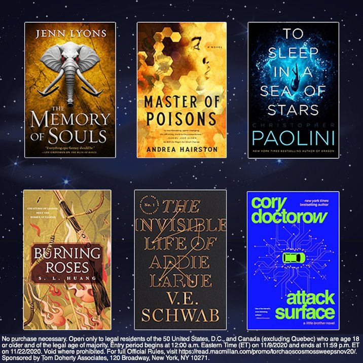 torbooks's tweet photo. The #ChaosandCosmos tote bag includes:

• #TheMemoryofSouls by @jennlyonsauthor
• #MasterofPoisons by @AAhairsto
• #ToSleepinaSeaofStars by @paolini 
• #BurningRoses by S. L. Huang
• #AttackSurface by @doctorow
• #TheInvisibleLifeofAddieLaRue by @veschwab https://t.co/kjf1qQge8C