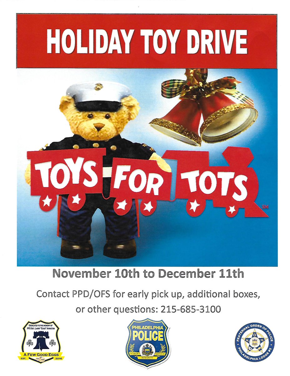 If you would like to be part of the 39th Police District TOYS FOR TOTS Drive please bring a new unwrapped toy
to the Police District, 2201 W. Hunting Park Ave. Together we can help bring Christmas to a family in need.