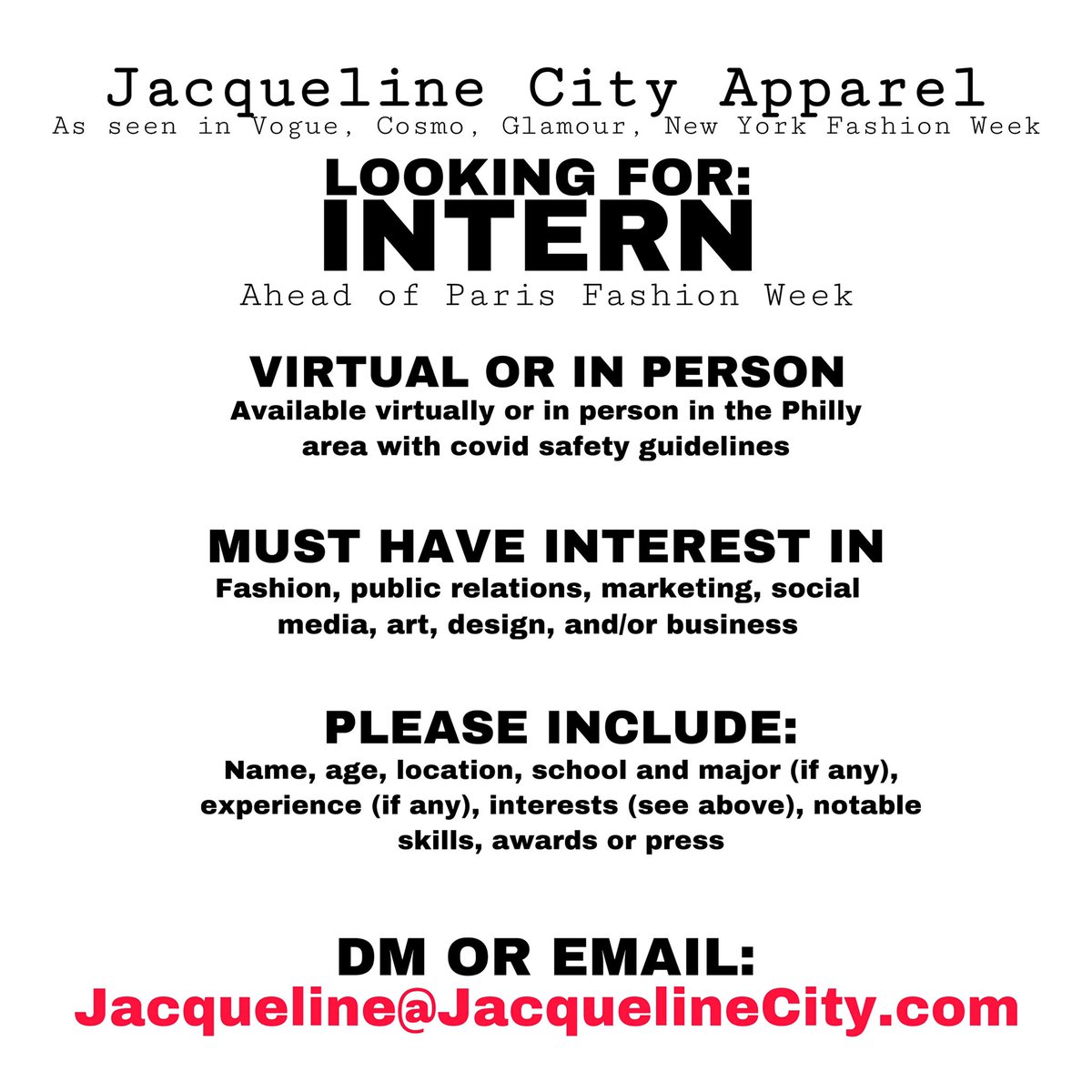 JacquelineCity's tweet photo. Looking for a virtual intern (or in person If Philly local) if you are interested in fashion, marketing, PR or business - Apply ๐๐ผ
#fashioninternship #internship #virtualinternship #virtualintern #fashiondesigner #fashionblogger #fashion #internwanted #philly https://t.co/5vSJJPhORs