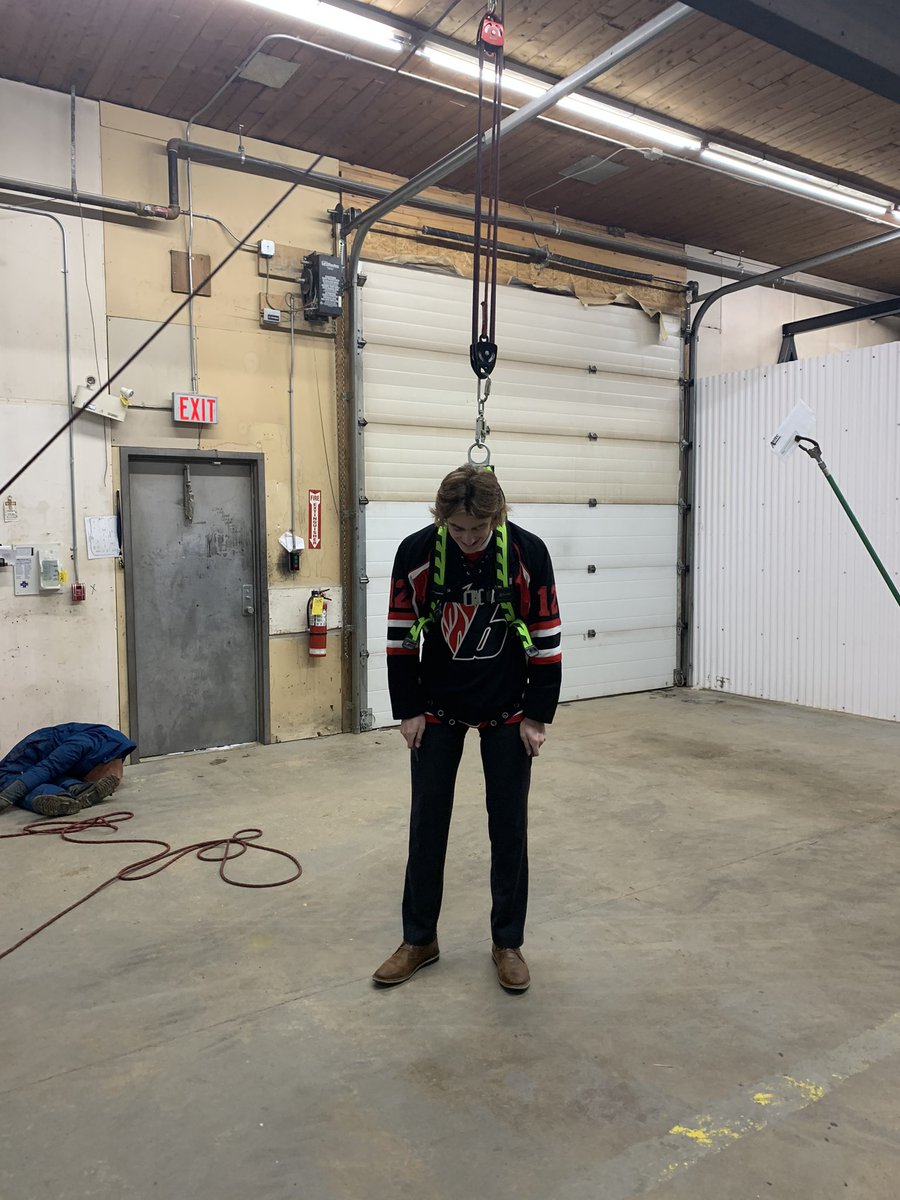 ASTECSAFETY's tweet photo. Hey sports fans! This is how we maintain social distance when Elijah stopped by to pick up our sponsorship of the U18 AA Sobey’s Blazers Hockey Team. Hung him with some of the Fall Protection gear we sell &amp; service at ASTEC SAFETY. Good luck this year! #Lloydminster #yll https://t.co/WlertNMll4