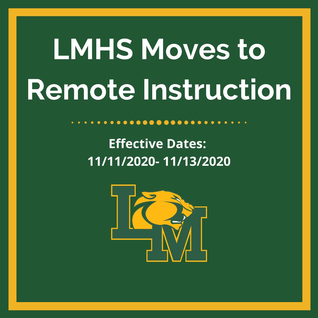 Little Miami High School is moving to remote instruction effective tomorrow, 11/11/2020 through Friday, 11/13/2020. All other buildings will report to in-person school as normal. 

Additionally, all LMHS &amp; LMJH athletics/extra-curriculars are cancelled through the weekend.