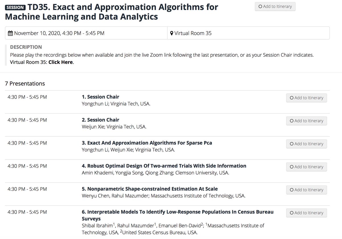liyc213's tweet photo. Please come and join my #informs2020 session “TD35- Exact and Approximation Algorithms for Machine Learning and Data Analytics” at 4:30PM EST, Virtual Room 35. 🥳I will be presenting a joint work with @xwj06 on Sparse PCA! https://t.co/UVUAlNh02e
