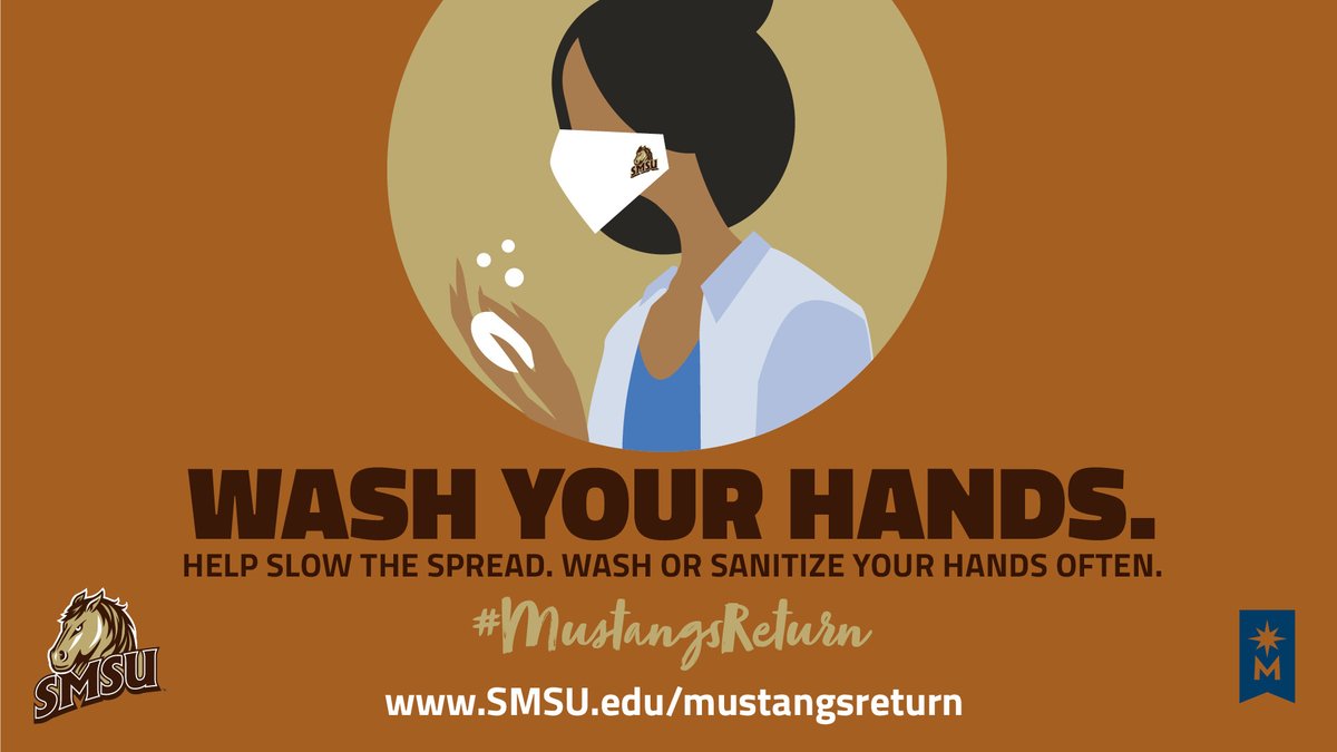 SMSUToday's tweet photo. We can each do our part to help keep our Mustang Family safe and healthy. Complete the self-assessment each day you're on campus, wear a mask, maintain physical distance, and practice good hygiene. Little things make a big difference. #MustangsReturn https://t.co/gZItuQy1TF https://t.co/lFgCHcEos7