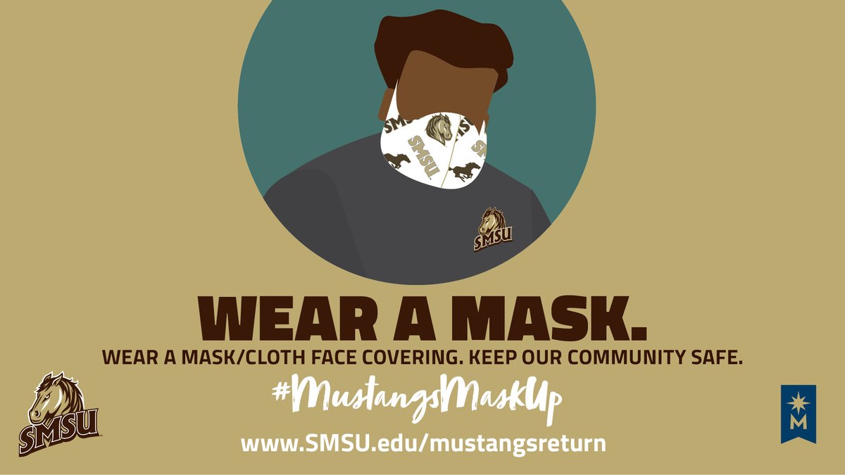 SMSUToday's tweet photo. We can each do our part to help keep our Mustang Family safe and healthy. Complete the self-assessment each day you're on campus, wear a mask, maintain physical distance, and practice good hygiene. Little things make a big difference. #MustangsReturn https://t.co/gZItuQy1TF https://t.co/lFgCHcEos7