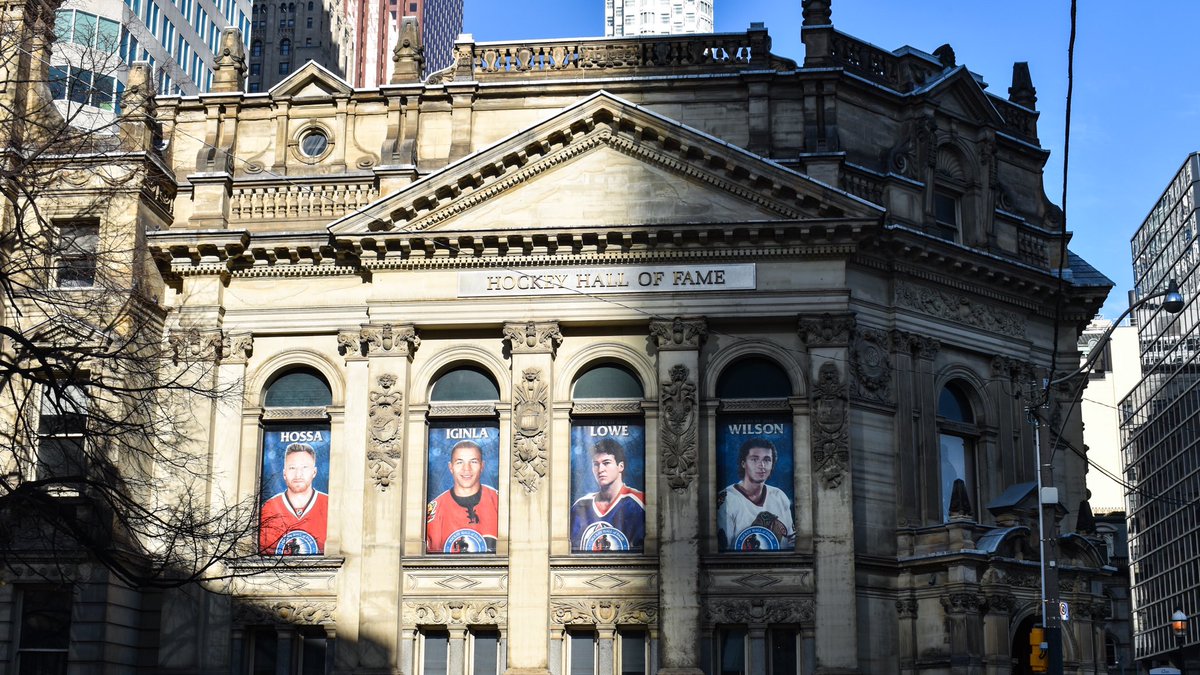 HockeyHallFame's tweet photo. The Class of 2020 has taken their place in the windows of the Esso Great Hall! 

#HHOF2020 | #HHOF https://t.co/KdOSJ8oS2F