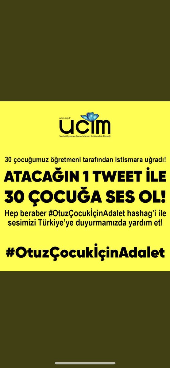 Sevgili arkadaşlarım çok önemli bir mesajım var!Yarın Antalya’da 30 ÇOCUĞU İSTİSMAR EDEN ÖĞRETMEN DEMEYE BİN ŞAHİT BİR ALÇAĞIN DAVASI VAR! Adaletin yerini bulmasını,savcımızın ona İBRETLİK BİR CEZA VERMESİNİ bekliyoruz!Lütfen herkes RT yapsın,herkes görsün bilsin <a href="/ucimorgtr/">UCİM</a> 🙏🏼
