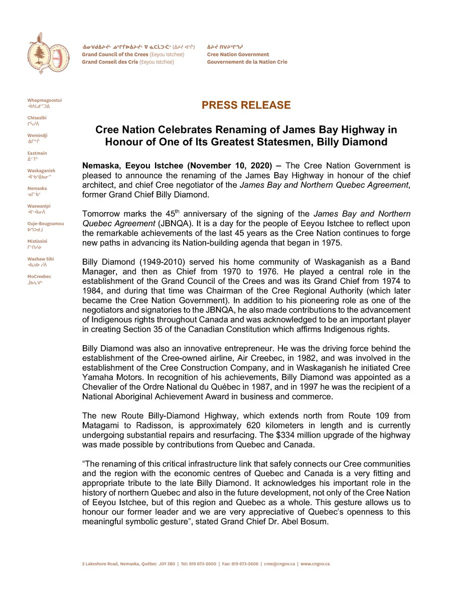 gcccra's tweet photo. PRESS RELEASE 
Nemaska, Eeyou Istchee (November 10, 2020)
https://t.co/VqSAflbiVD

Cree Nation Celebrates Renaming of James Bay Highway in Honour of One of Its Greatest Statesmen, Billy Diamond https://t.co/GBaWPa7JPz