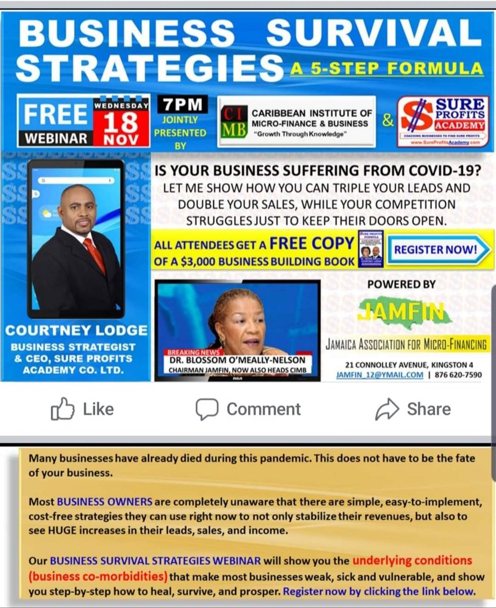 12Jamfin's tweet photo. Register now for our Business Survival Strategies Webinar, Wednesday, November 18, 2020.
Click the link below to register
https://t.co/pwJ3HNOawq https://t.co/Ud8pGw3KsS
