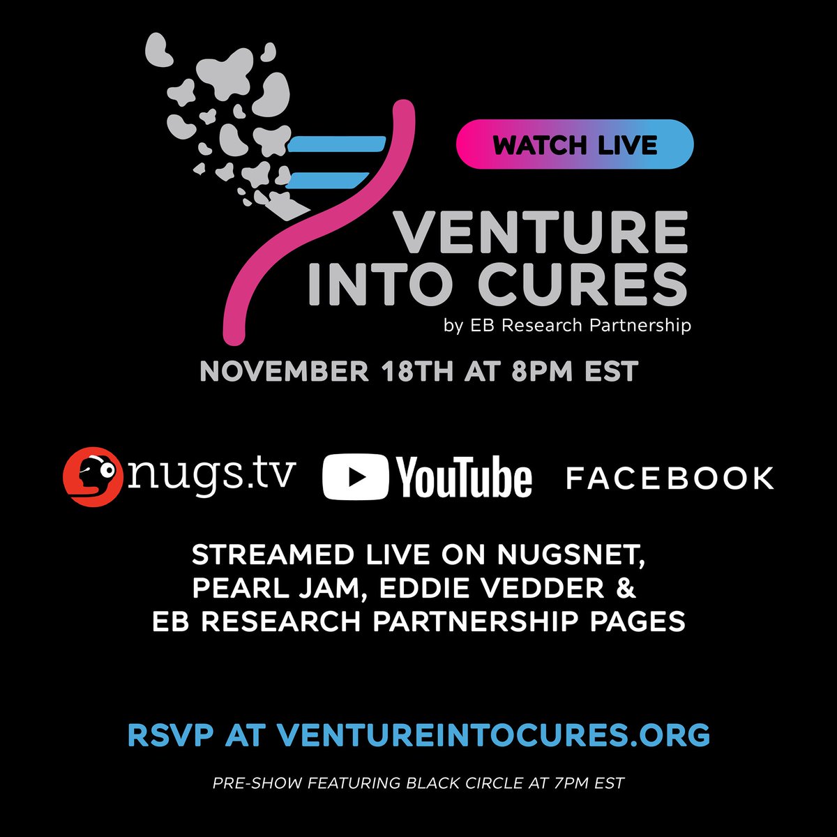 PearlJam's tweet photo. On November 18 at 8pm ET, join Eddie &amp; Jill Vedder for the virtual Heal EB event, Venture Into Cures. 

The show includes the premiere of new songs by Eddie, inspired by EB families: the debut of “Matter of Time” &amp; a new version of “Say Hi."

More info: https://t.co/ZGzzWOVHeh https://t.co/QPkNoUpm9w