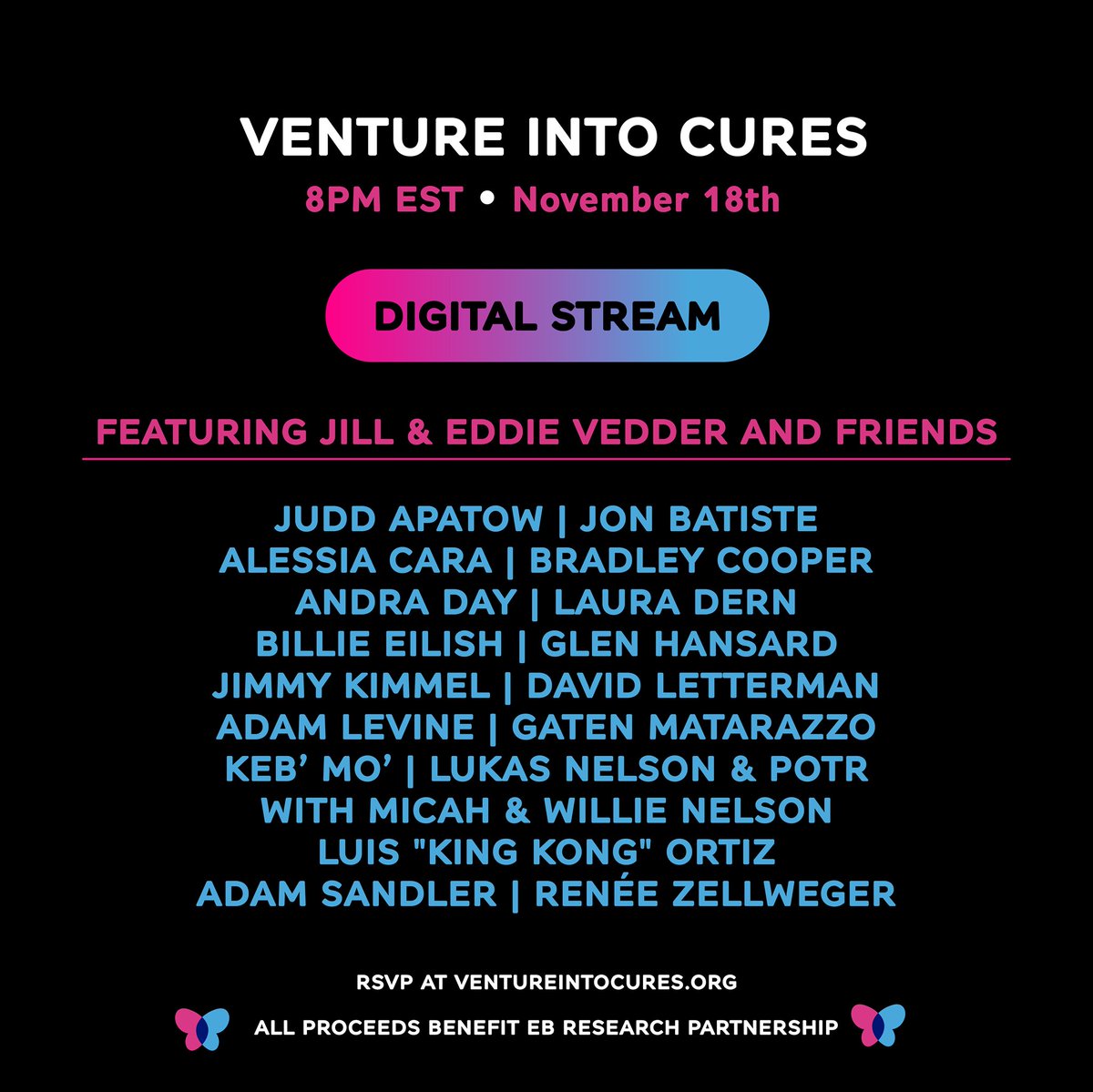 PearlJam's tweet photo. On November 18 at 8pm ET, join Eddie &amp; Jill Vedder for the virtual Heal EB event, Venture Into Cures. 

The show includes the premiere of new songs by Eddie, inspired by EB families: the debut of “Matter of Time” &amp; a new version of “Say Hi."

More info: https://t.co/ZGzzWOVHeh https://t.co/QPkNoUpm9w
