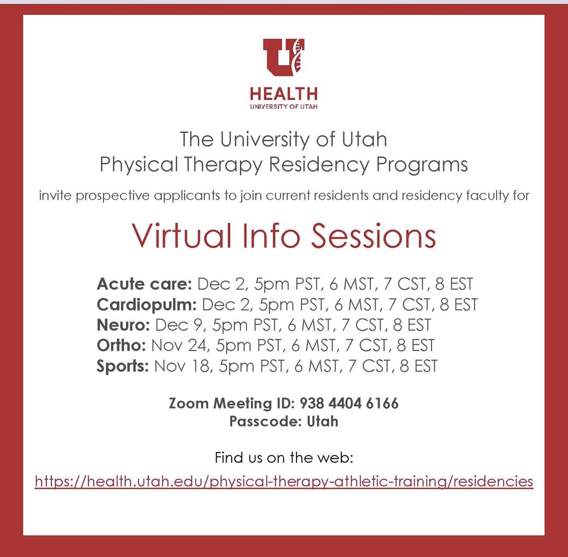 LizfiskDPT's tweet photo. Exciting opportunities here at the U! Virtual info sessions Dec 2nd for our new acute care cardiopulmonary PT residences. Please spread the word https://t.co/fXIU8lXUXu