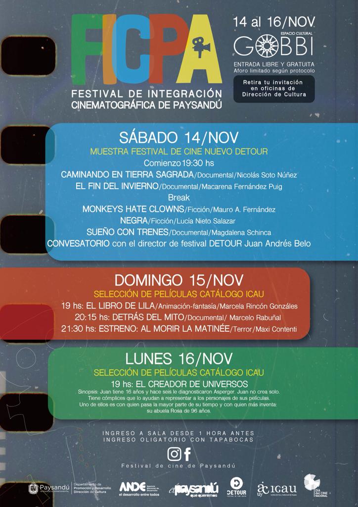 DetourUy's tweet photo. Este sábado decimos presente en el Festival de integración  cinematográfica de Paysandú con una selección de obras 🎬 y charla con nuestro director @JuanAndresBelo, para conversar del Festival de Cine Nuevo y de nuestro cine.

📌 Entrada gratuita

¡Les esperamos! https://t.co/PbyL7GQyo6