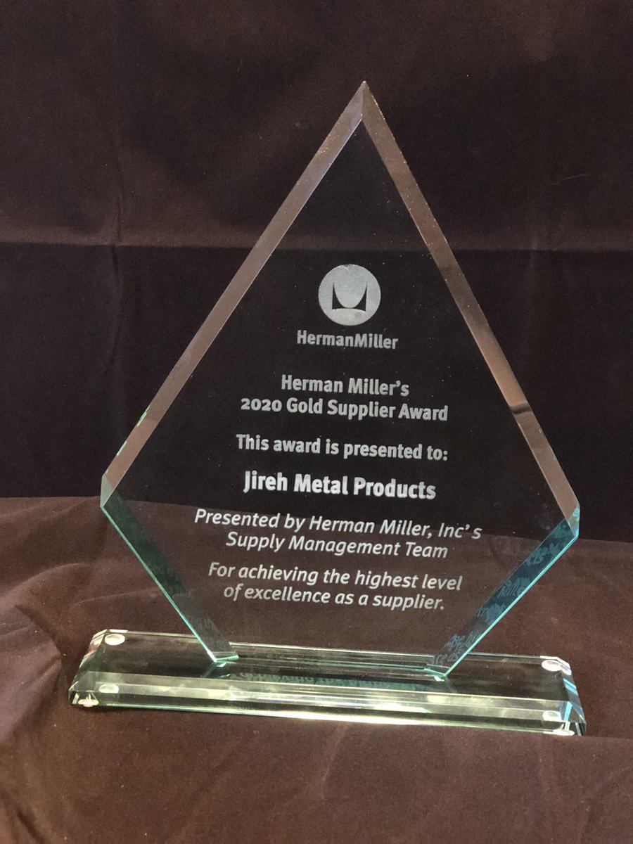 Thank you to every Jireh Metal Team Member! This award is a reflection of what our people do every day. It takes GREAT people to achieve "the highest level of excellence as a supplier." We are proud to receive the 2020 <a href="/HermanMiller/">Herman Miller</a> Gold Supplier Award!