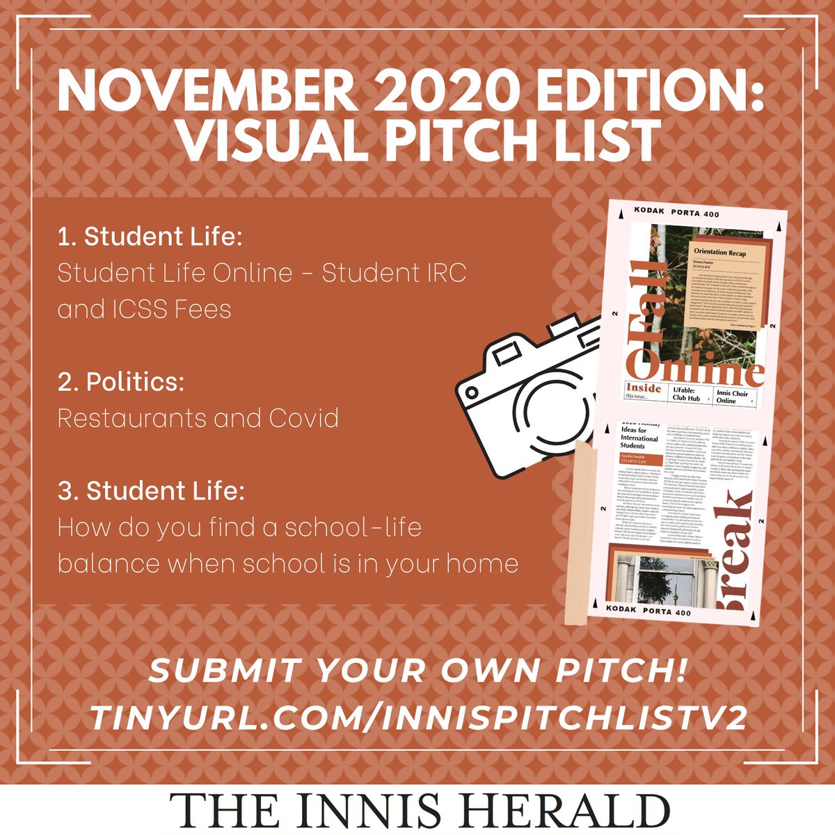 TheInnisHerald's tweet photo. 🗣 CALL FOR NOVEMBER VISUALS‼️ 📸
🔗 https://t.co/tPbYl4Aj58
#InnisCollege #InnisHerald #UofTStudentLife #UofT #UniversityofToronto #Toronto #News #Newspaper #Publication #The6ix #Canada #gta #TorontoLife #UofTNews #Journalism #Updates #TorontoUpdates #Photography https://t.co/iyIDGvibOq
