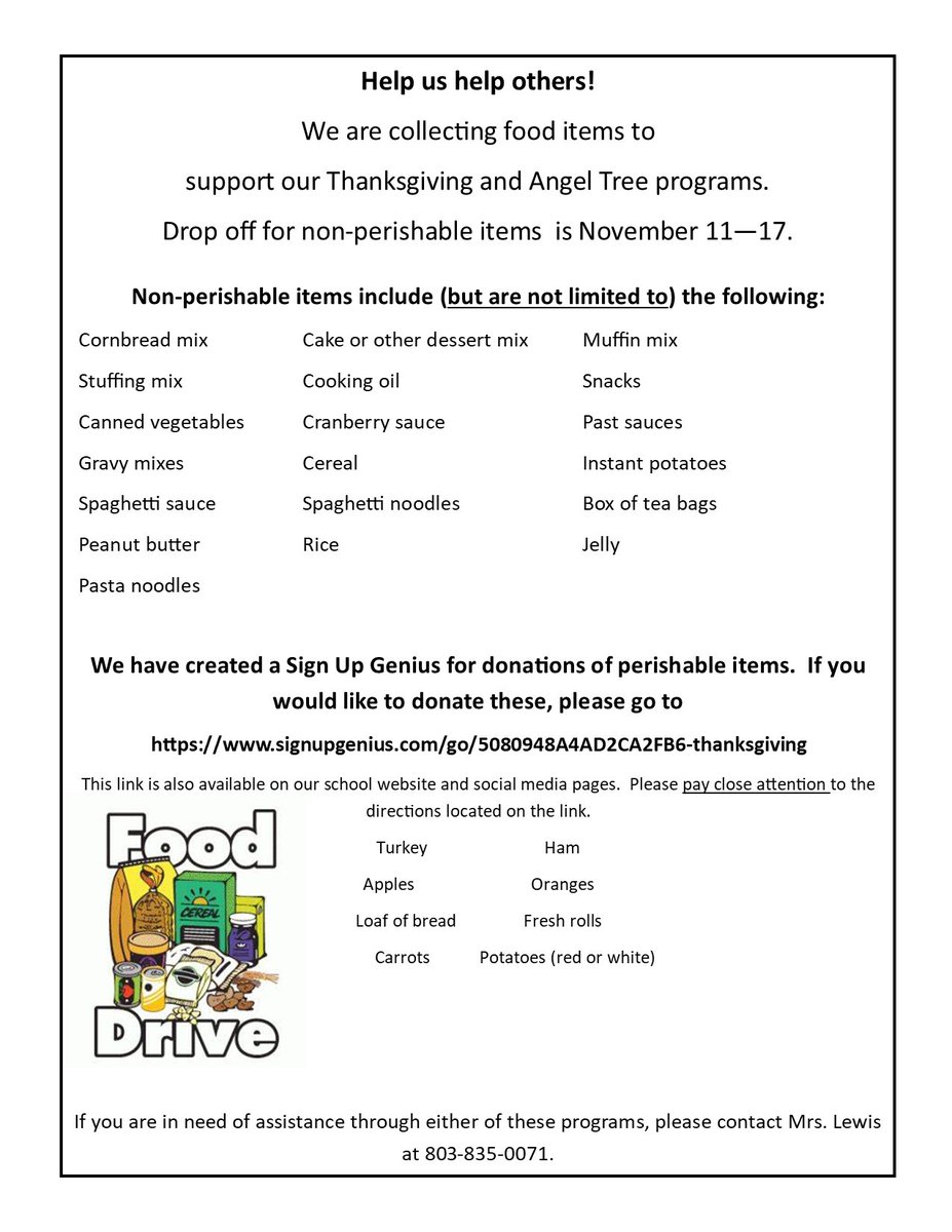 Excited for our annual food drive!  Click below to help us out with perishable food items!  Non-perishable items can be dropped off starting tomorrow.  Thanks for helping us help others! #PanthersEngaged signupgenius.com/go/5080948a4ad…