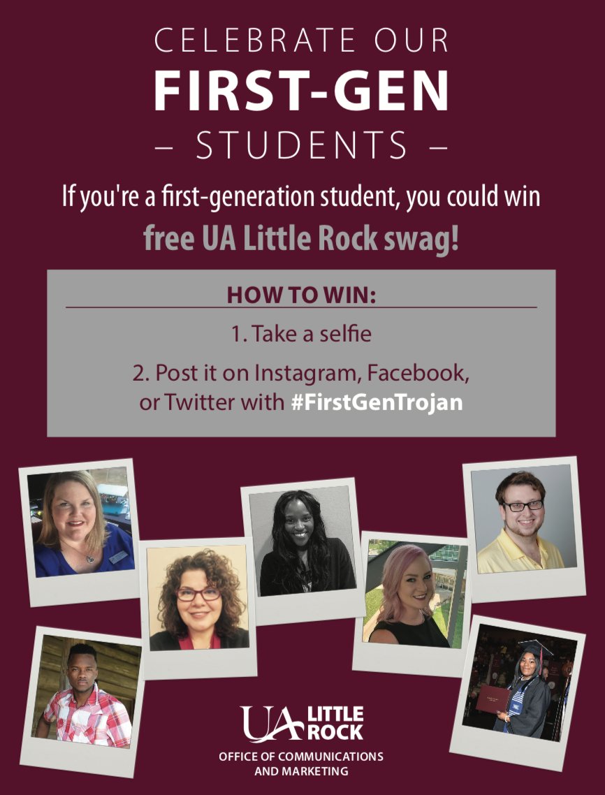 UALR's tweet image. Did you know first-generation students make up 41% of our total student population? 

This month, we’re celebrating our first-gen students. Take a selfie, use #FirstGenTrojan, and you could win some Trojan swag!

ualr.edu/news/2020/11/1…