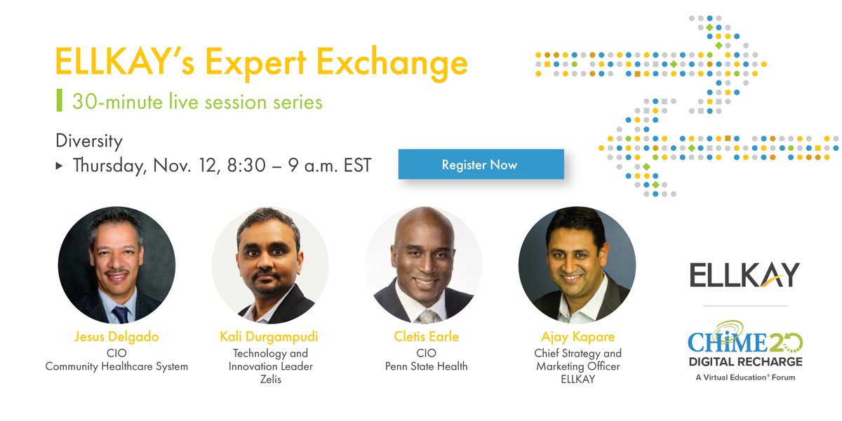 Companies benefit from having a diverse workforce. Join the #ELLKAYExpertExchange at #CHIME20 THIS THURSDAY with Jesus Delgado, CIO, <a href="/KaliDurgampudi/">Kali</a>, Tech Leader at 
<a href="/ZelisHealthcare/">Zelis</a>, <a href="/CletisEarle/">Cletis Earle</a>, CIO at <a href="/PennStateHealth/">Pennsylvania Health Stuff</a>, and our own <a href="/ajay_kapare/">Ajay</a>. bit.ly/3mWPxnT