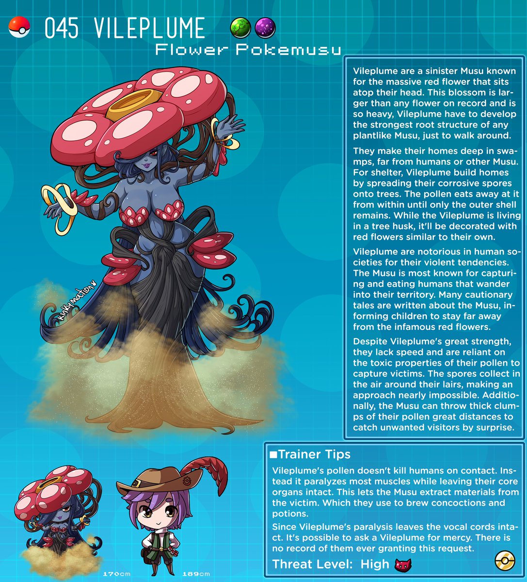 kinkymation's tweet photo. Vileplume are  dangerous because there is no known way to bond with them, but there is a chance to escape them if you have a silver tongue and strike their fancy. They'll milk you dry, but you just might get away even if severely exhausted.

(dex✍️: @wilsonthegreen) https://t.co/atsiwEDcXA