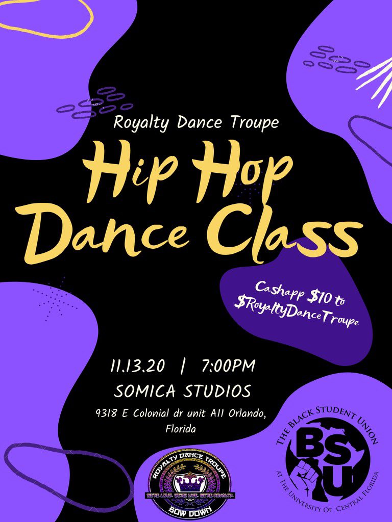BSU_UCF's tweet photo. THIS FRIDAY THE 13th!! COME OUT TO OUR FUNDRAISER CLASS! Class will be taught by @rdt_ucf director @aillimac_ 💜 Class will be $10, and can be sent to $RoyaltyDanceTroupe with your first and last name in the memo. Hope to see you there🤩 https://t.co/Sl82CwbZVN