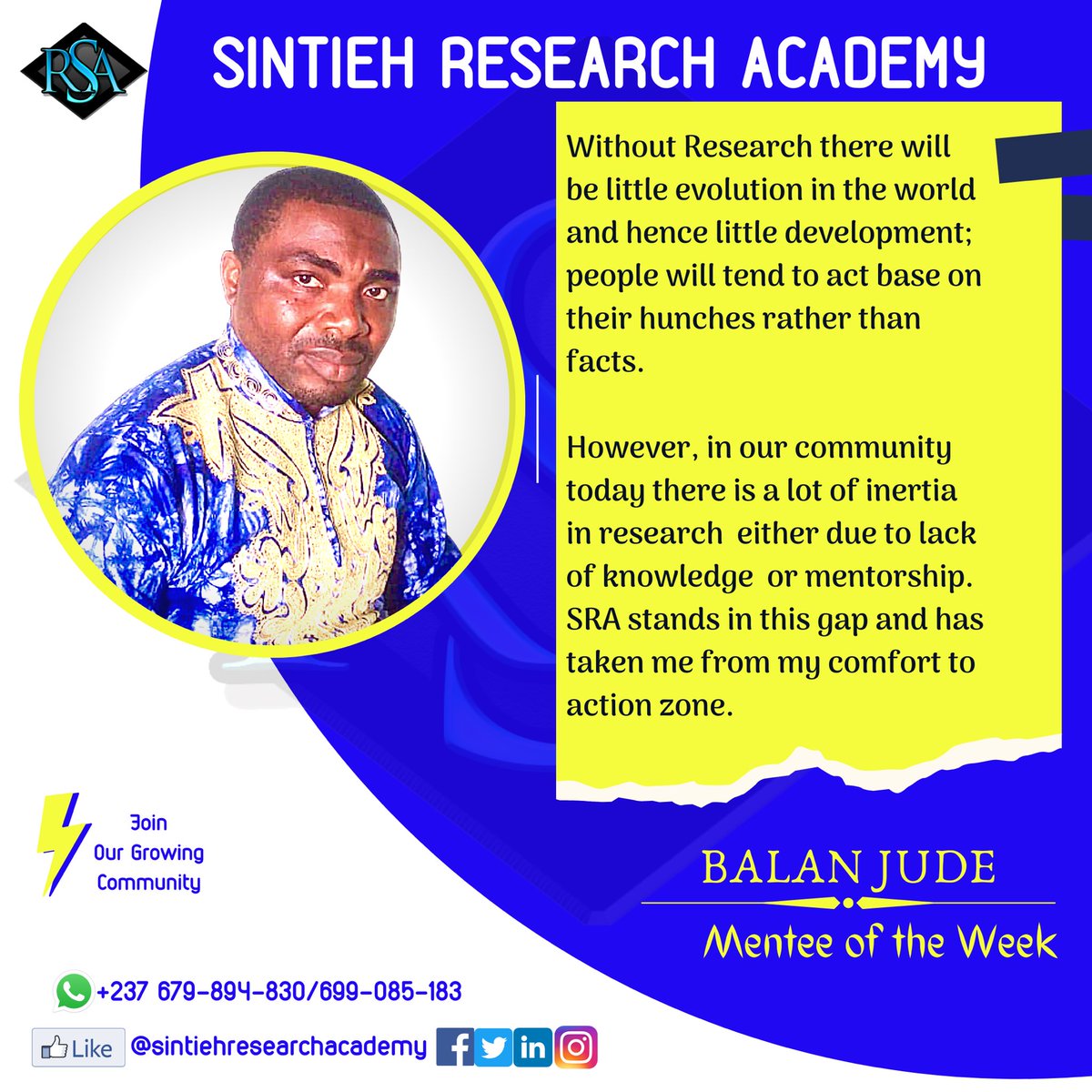 sracm237's tweet photo. 📌Congratulations Ms. Kimbi Rhoda and Mr. Balan Jude.
📌 Innovating oneself is very crucial in this modern times and it's a privilege SRA is apart of this.
#MenteeOfTheWeek
#SRA
#CreatingaSustainableScientificCommunity https://t.co/7FSzHg6w7k