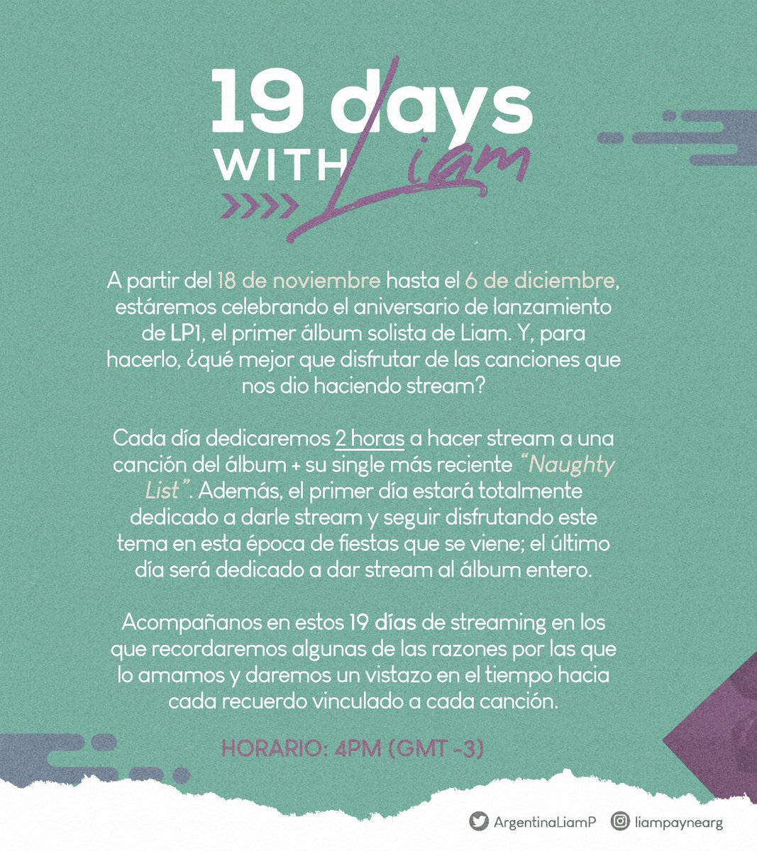 ArgentinaLiamP's tweet photo. ¡Prepárense! Vuelven los días de stream con #19DaysWithLiam, esta vez centrándonos en LP1 por su aniversario. 💃🏻✨
A partir del 18 de noviembre hasta el 6 de diciembre, daremos stream por 2 horas a cada canción + #NaughtyList. ¿Están listxs? 🤩 https://t.co/0w2o1p9W5r