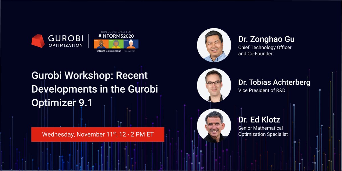gurobi's tweet image. Don’t miss our workshop tomorrow at @INFORMS and learn about the new performance improvements and new features in our latest release of Gurobi 9.1!

Learn more: bit.ly/2I7tsnw

#optimization #datascience #prescriptiveanalytics #INFORMS2020 #INFORMSAnnual #ORMS