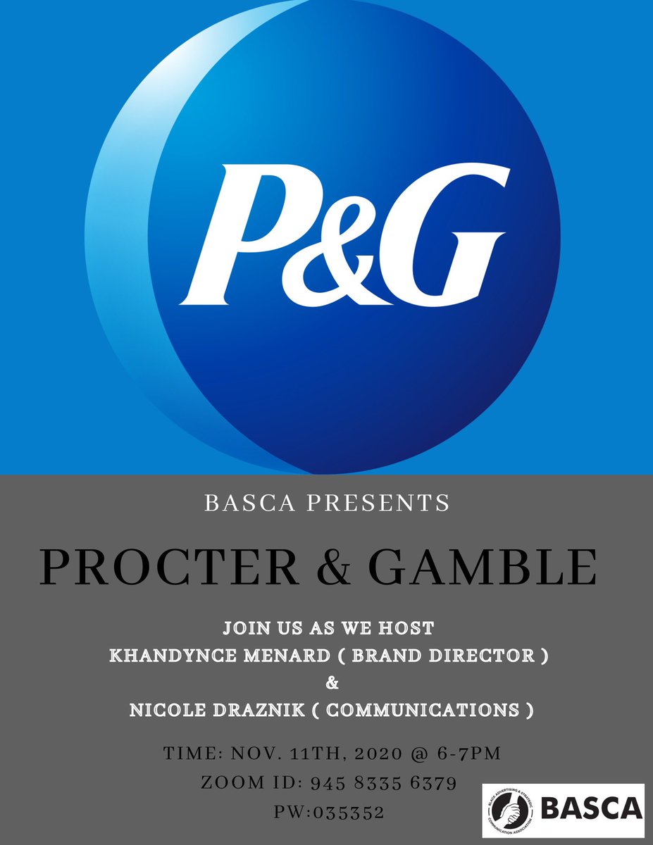 Hey BASCA family! Please join us this Wednesday for our last meeting of the semester to welcome our two special guests from Procter &amp; Gamble! See you there! ☺️