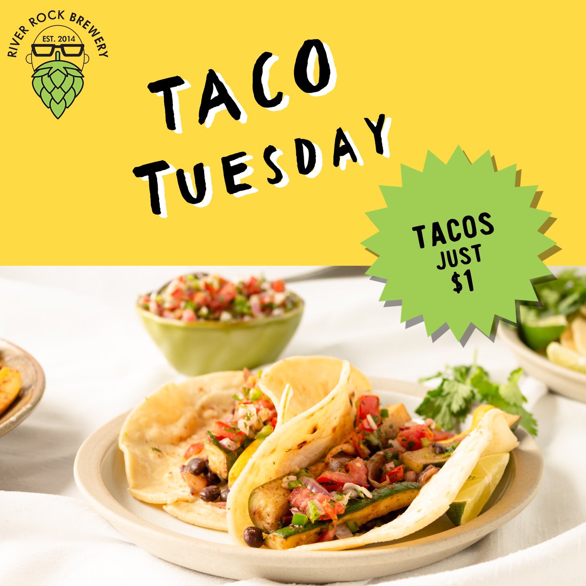 riverrockbrewer's tweet photo. It’s #tacotuesdays! $1 tacos start at 4pm and go until we run out. #tacos #tacosandbeer #beerandtacos #compadresmarket #dollartacos #onedollartacos #riverrockbrewery #ringerrockipa #tripleipa #brutipa #ipa #stout #porter #pumpkinporter #lager #creamale #belgianale #redrye https://t.co/3NMPYQv4Hn